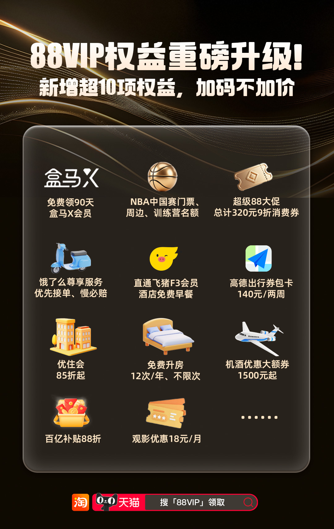 淘宝宣布 88VIP 权益升级：新增盒马、饿了么、飞猪、高德等超 10 项会员权益