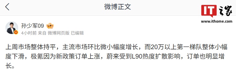 消息称蔚来受到乐道 L90 热度扩散影响订单明显增长，集团上周新增订单破万