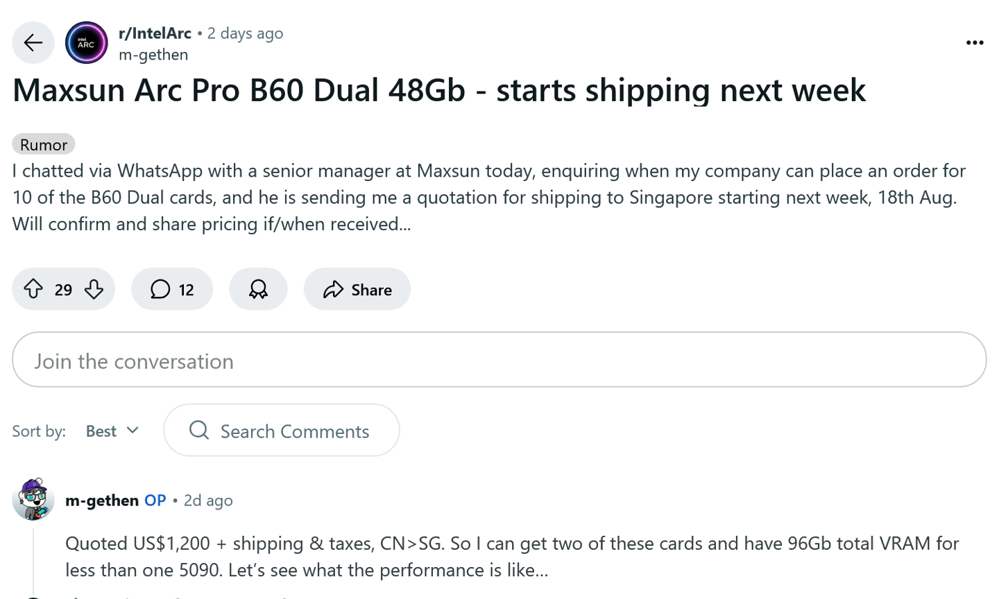 消息称铭瑄双芯 48GB 显存锐炫 Pro B60 显卡定价约合 1200 美元