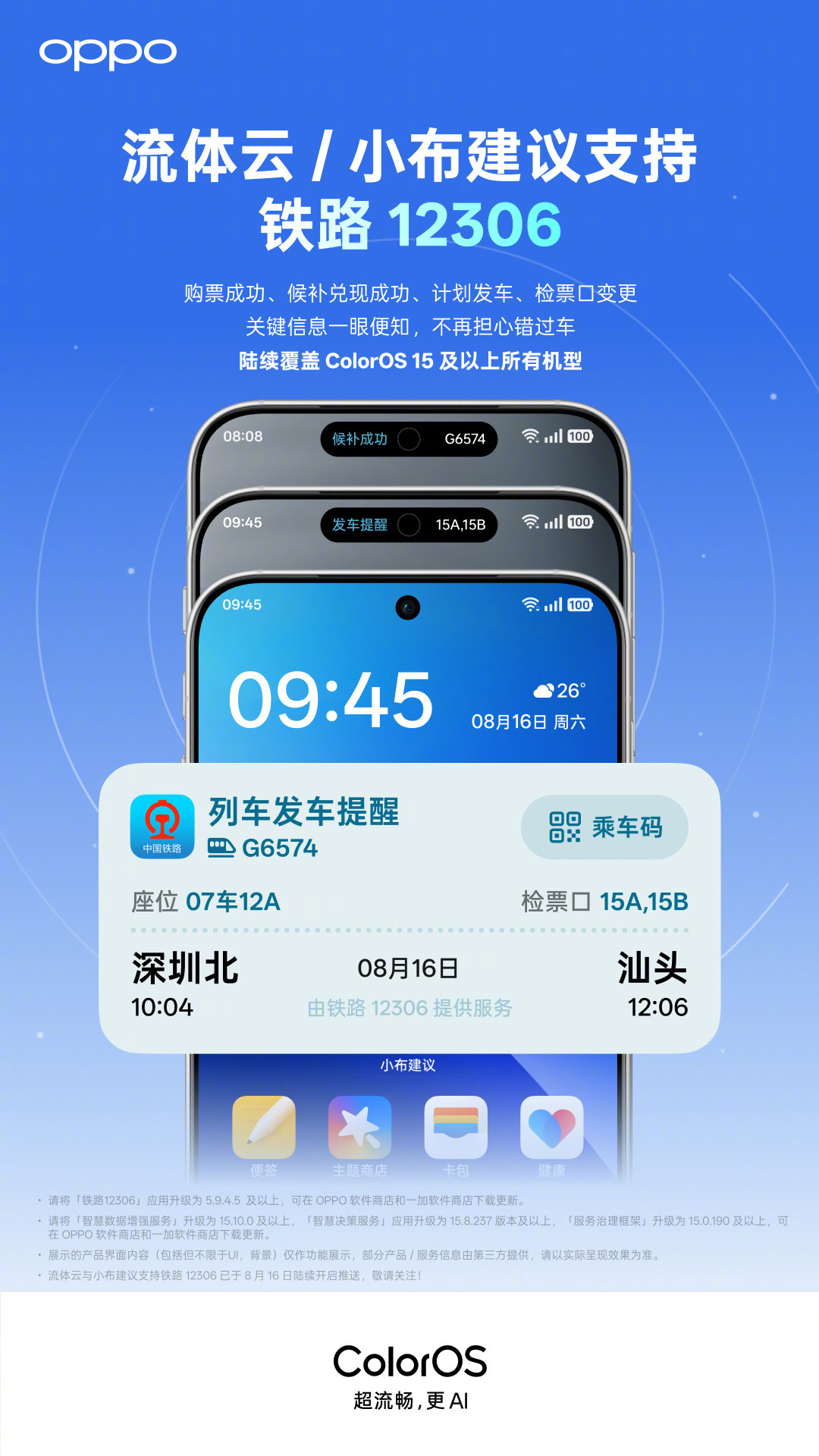 安卓首家：OPPO ColorOS 流体云及小布建议现已支持铁路 12306，一眼知行程