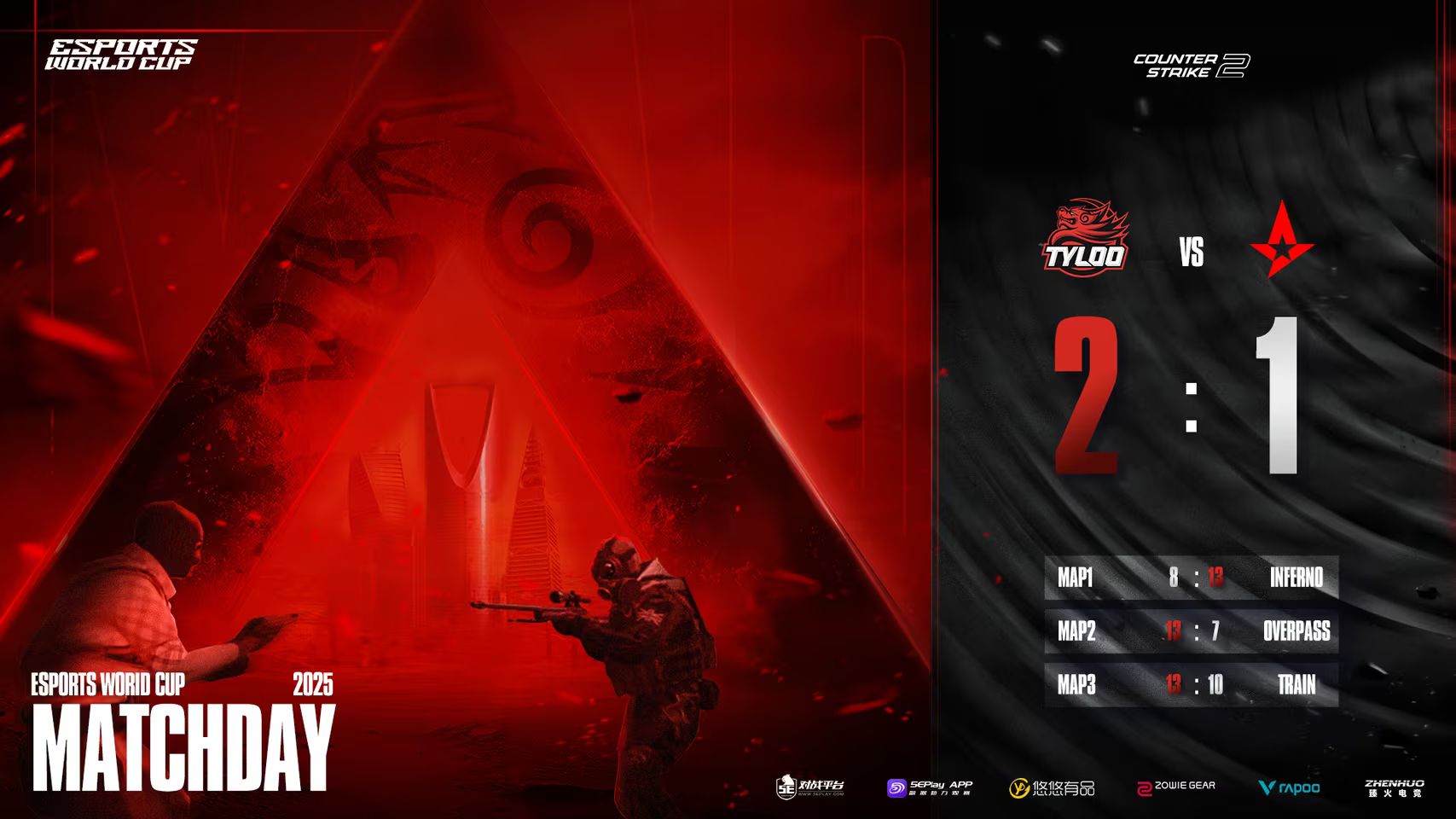 交锋全胜：中国战队 TYLOO 天禄击败 Astralis，晋级 2025 电竞世界杯《反恐精英 2》游戏八强