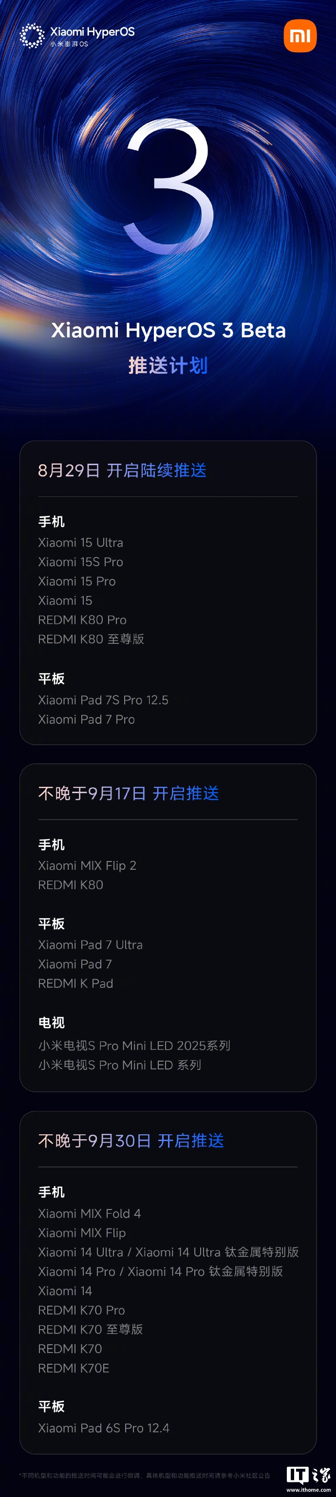 小米澎湃 OS 3 Beta 版推送计划公布，小米 15 系列明日首批