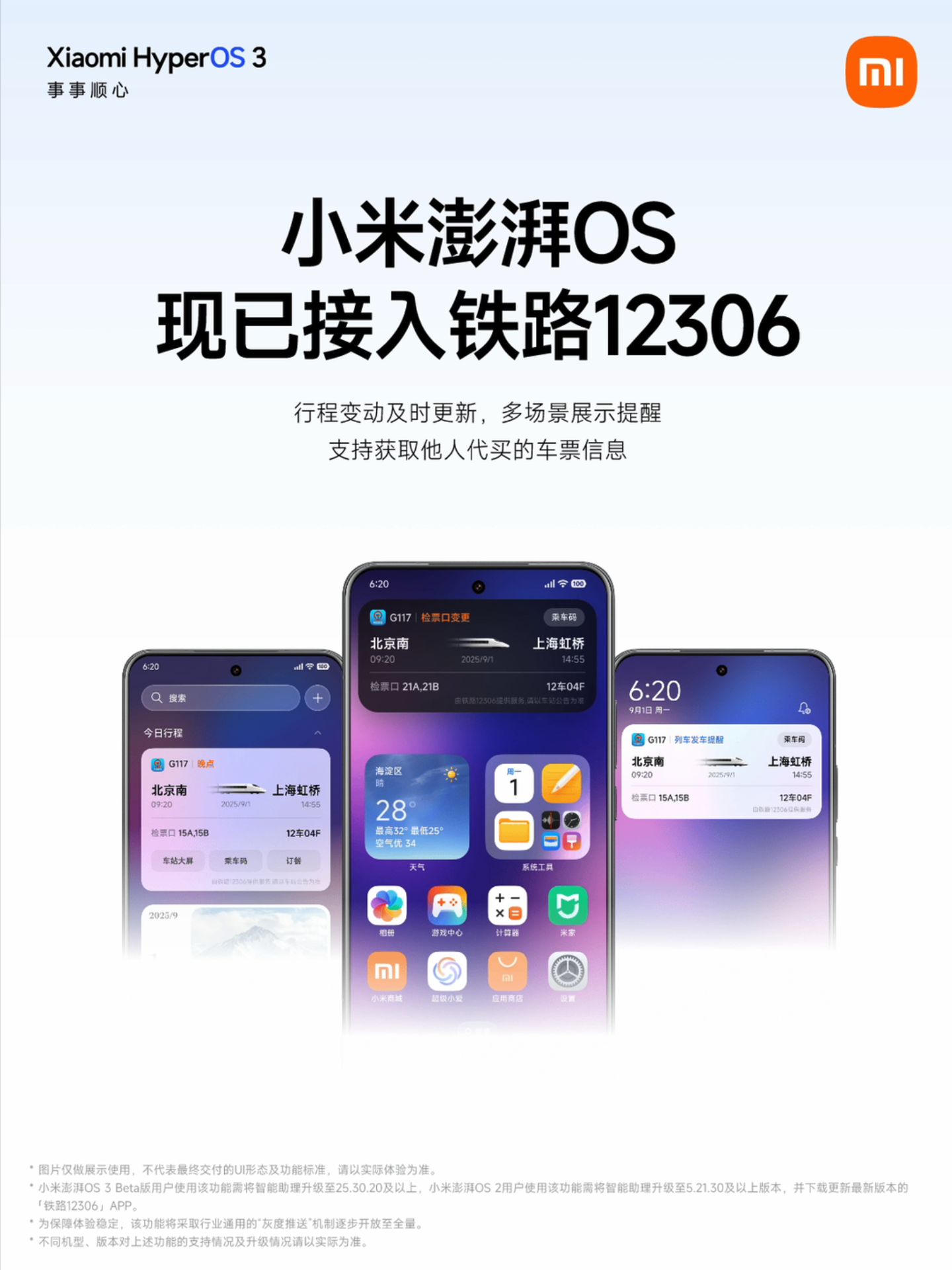 小米澎湃 OS 接入铁路 12306：行程动态“上岛”，负一屏、通知中心都能看