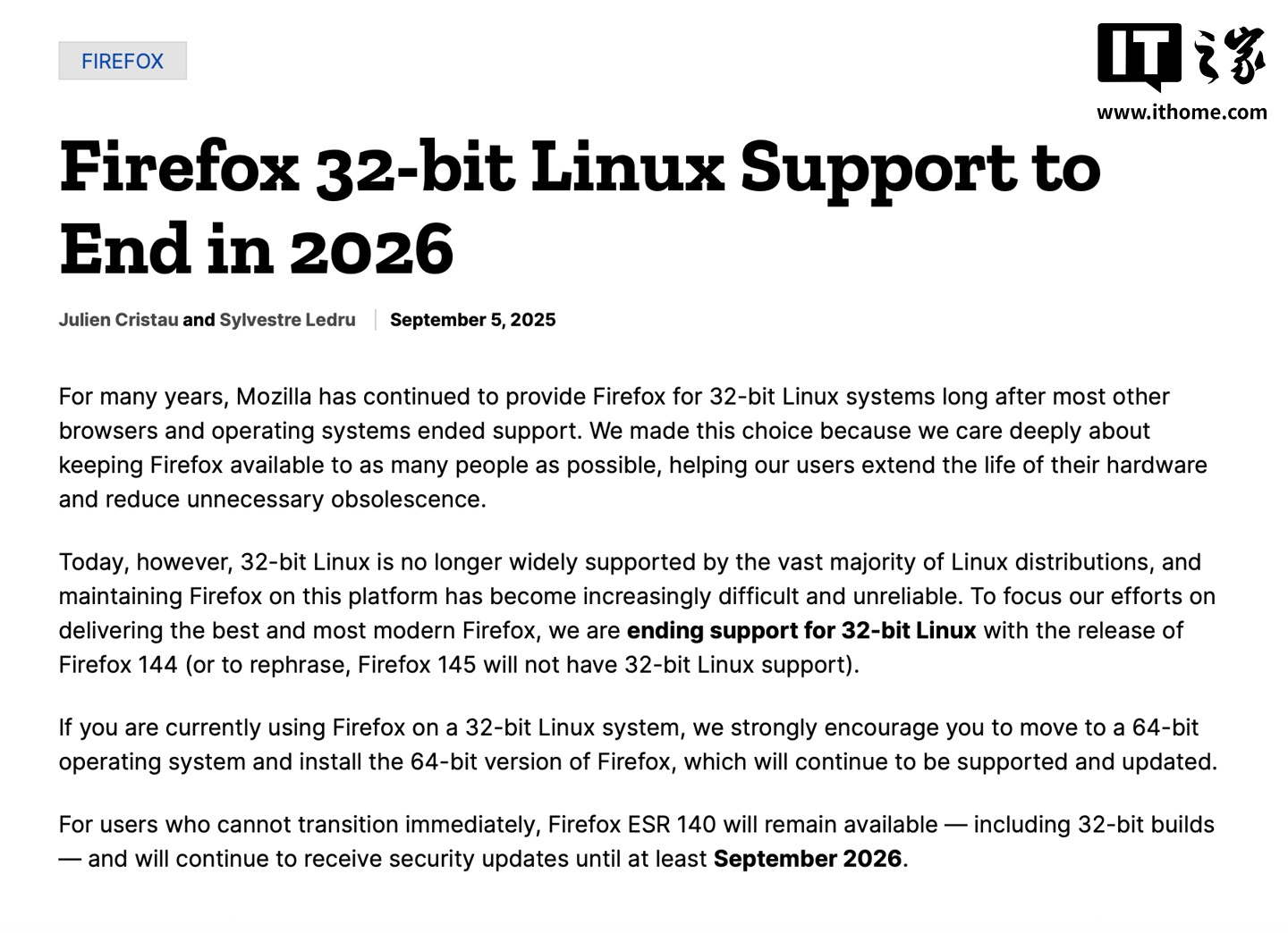 Mozilla：Firefox 火狐浏览器将于 2026 年 9 月停止支持 32 位 Linux 系统