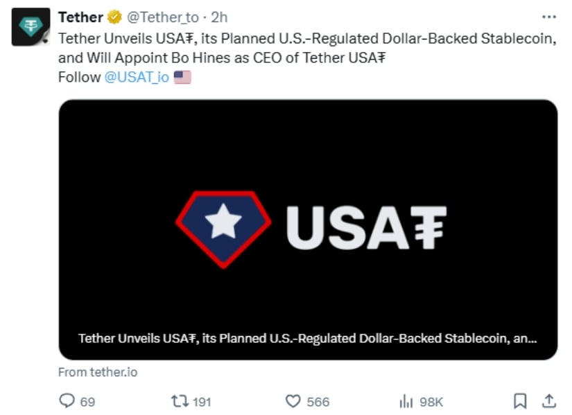 Tether推出美元稳定币USAT任命前白宫加密货币顾问担任C免费USDT/DC游戏推荐/注册送币链游大全/边玩边赚新选择EO