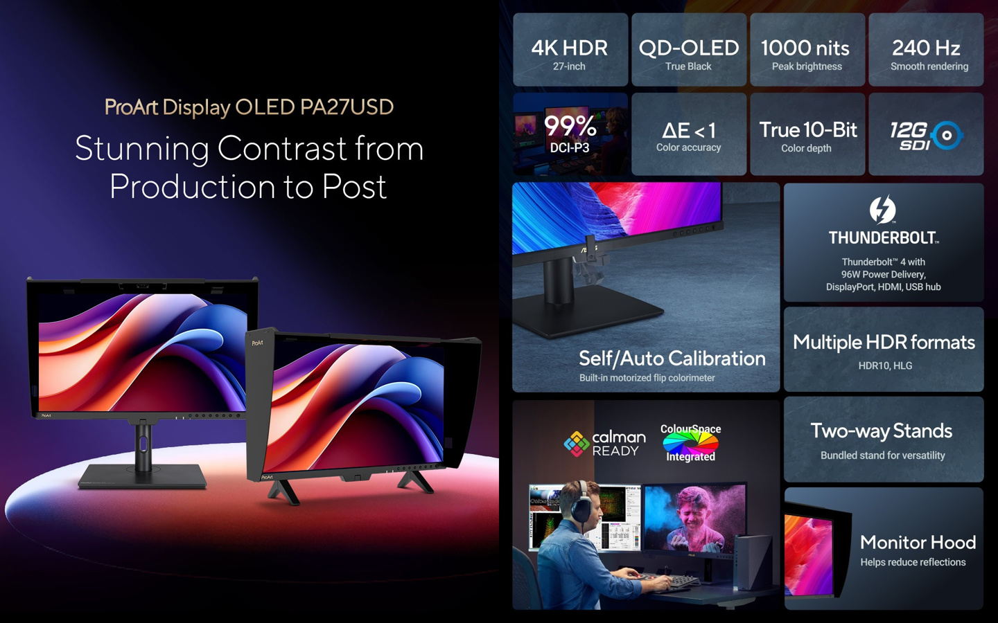 华硕发布 QD-OLED 彩监 PA27USD：4K 240Hz 1000nits，12G SDI + 雷电 4