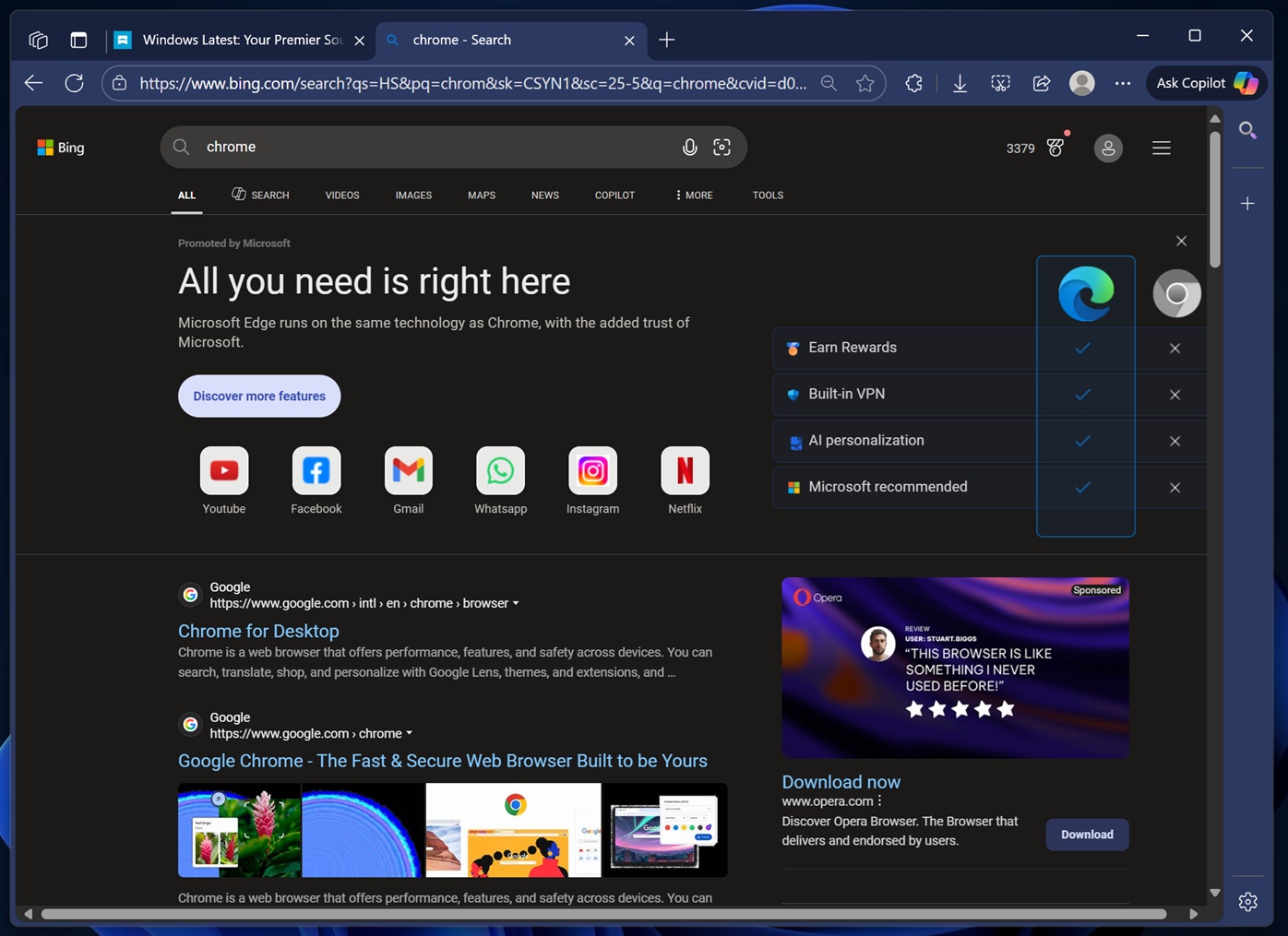 微软打出“Bing 组合拳”：对比卡片、弹窗、横幅连环凸显 Edge 胜过 Chrome 浏览器