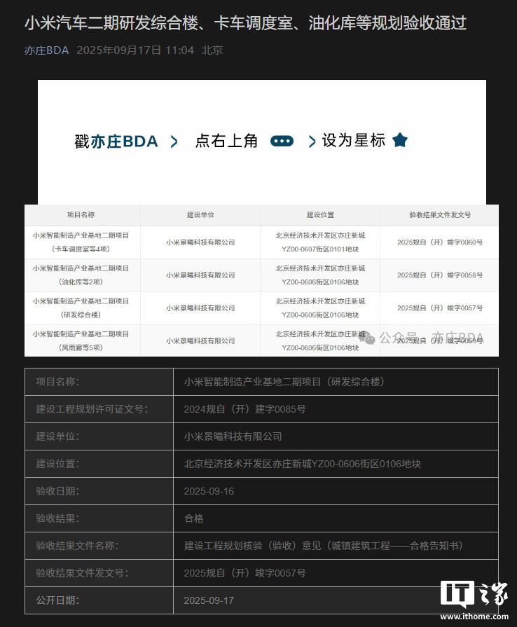 小米汽车二期工厂研发综合楼、卡车调度室、油化库等规划验收通过