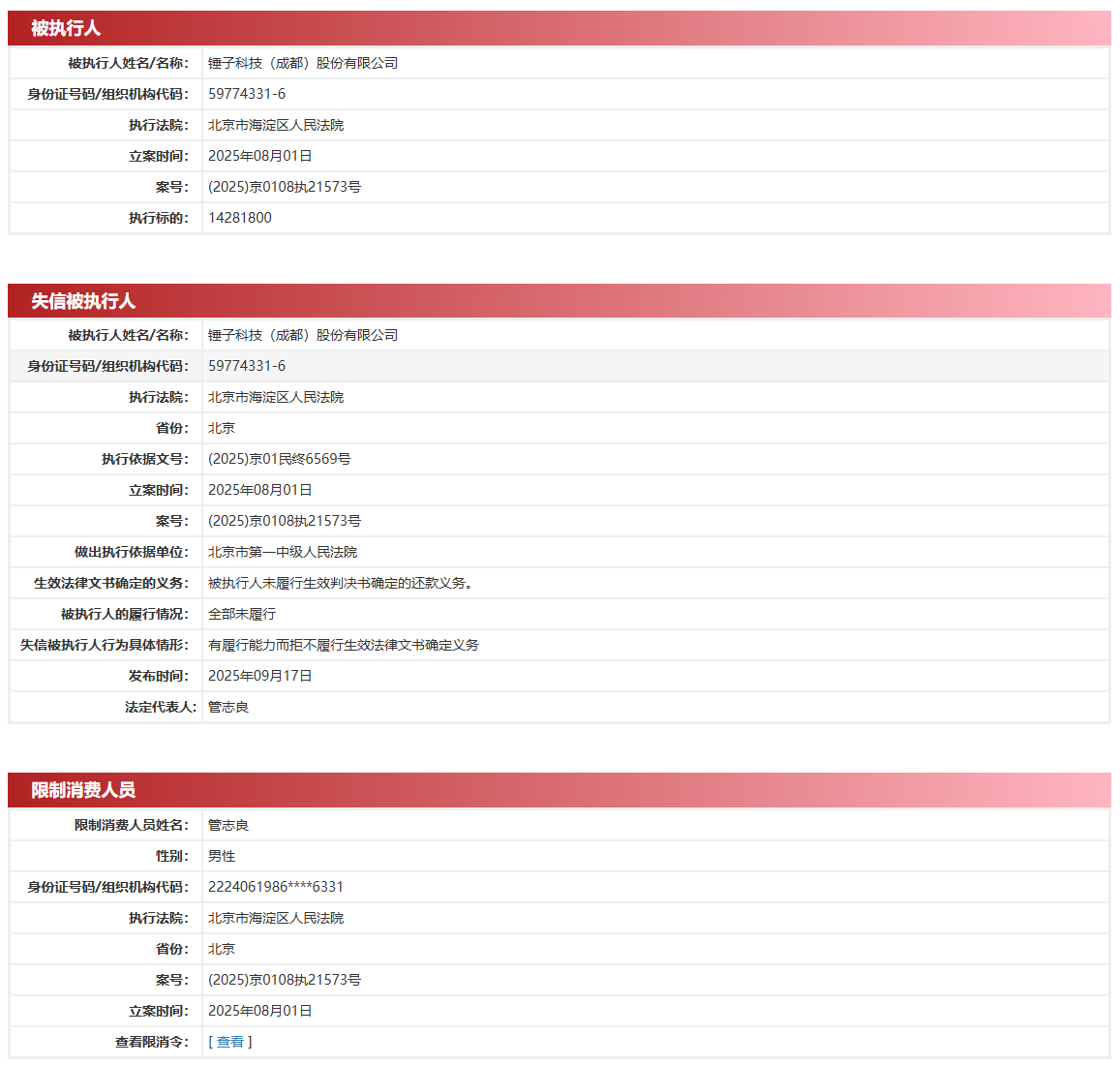 锤子科技成都公司新增 2 条失信被执行人信息，标的超 2000 万元