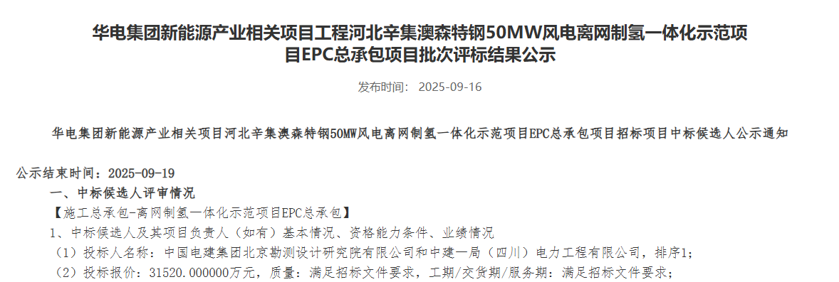 华电离网制氢项目EPC公示!