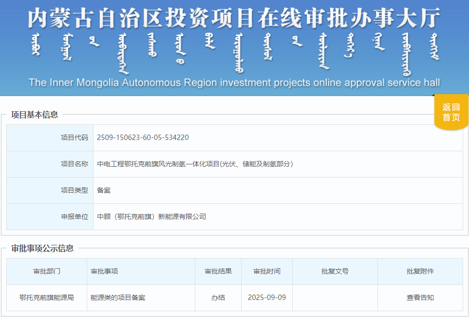 内蒙古又一风光制氢项目获批