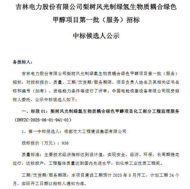 吉电股份梨树绿氢耦合绿色甲醇项目第二批招标落定