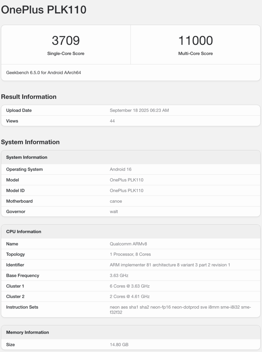 一加 15 手机跑分曝光：骁龙 8 Elite Gen 5 芯片，性能较一加 13 提升约 25%