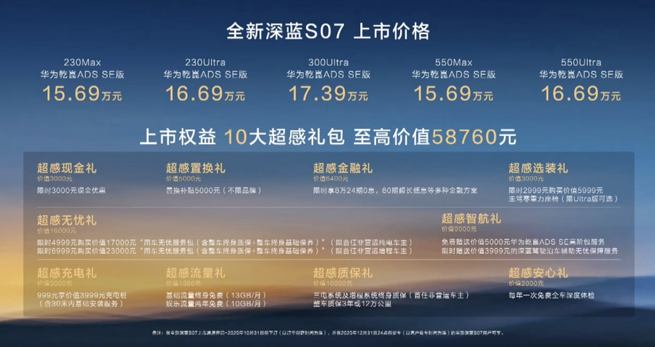 15.69 万元起全新深蓝 S07 汽车上市，标配华为乾崑智驾 ADS 4 SE