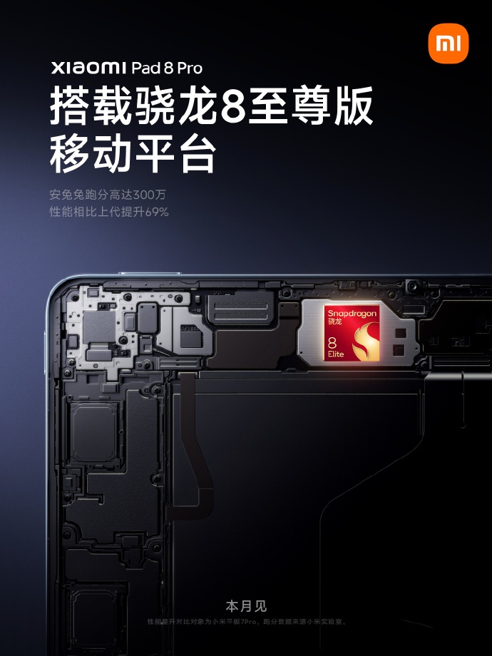 小米平板 8 Pro 搭高通骁龙 8 至尊版芯片、性能提升 69%，本月见