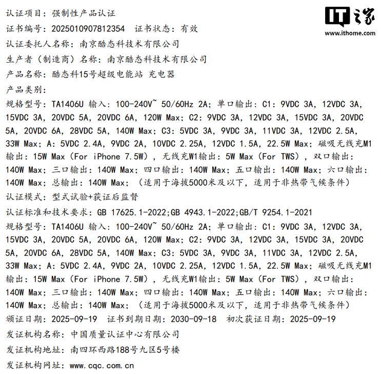 140W 酷态科 15 号超级电能站通过 3C 认证：支持 15W 磁吸无线充，苹果 iPhone 手机 7.5W