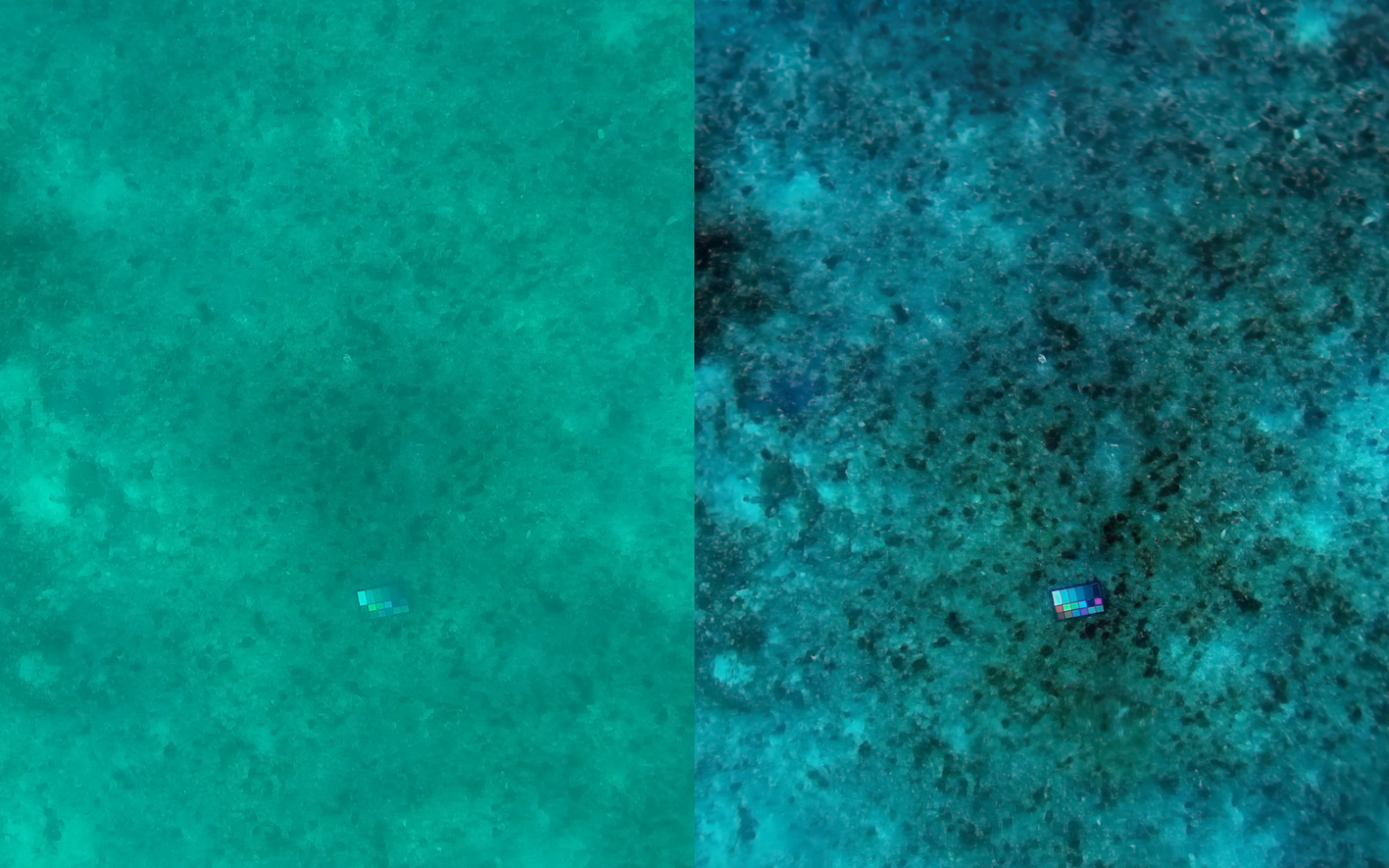 Two side-by-side underwater images, one on the left shows a hazy blue-green image with a small cube in the middle while the right image of the same underwater shot is clearer, showing a Rubik's Cube-like object with colors that are clear and bright. 