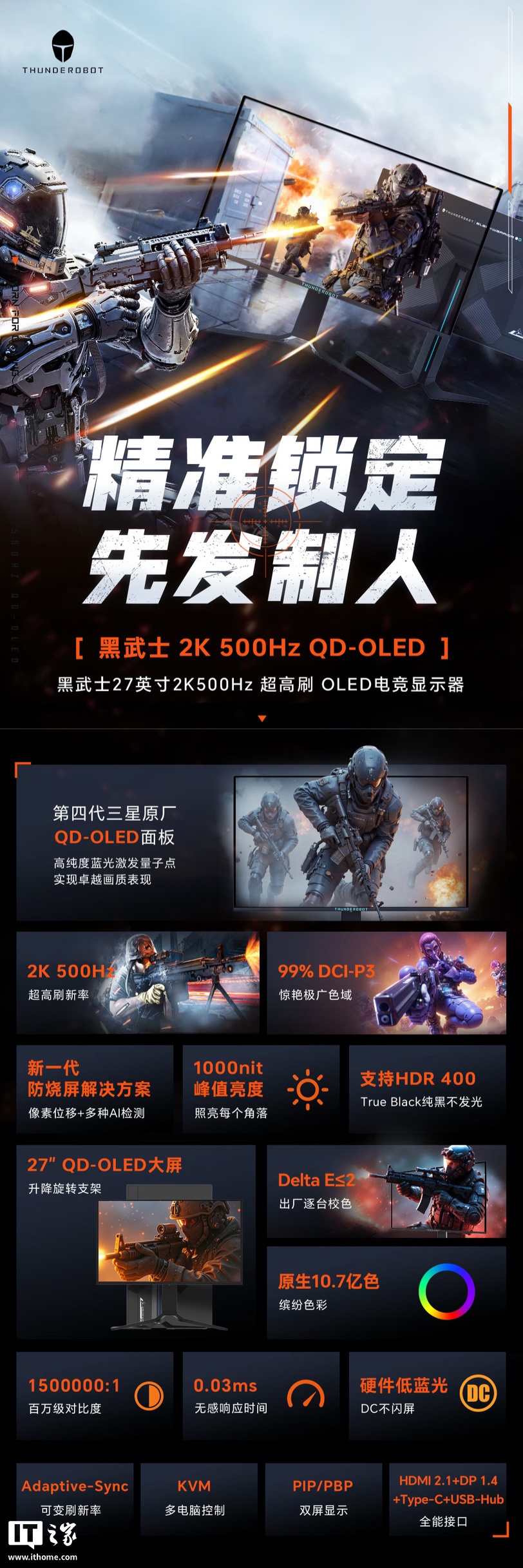 雷神 26.5 英寸显示器“DQ27F500E”首销：2K 500Hz QD-OLED，3999 元