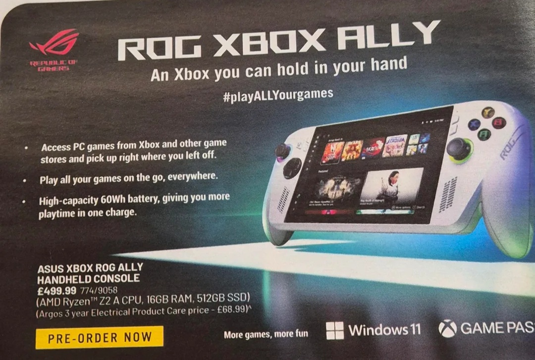 微软 Xbox Ally 掌机宣传物料遭零售商偷跑，标准版售 499 英镑