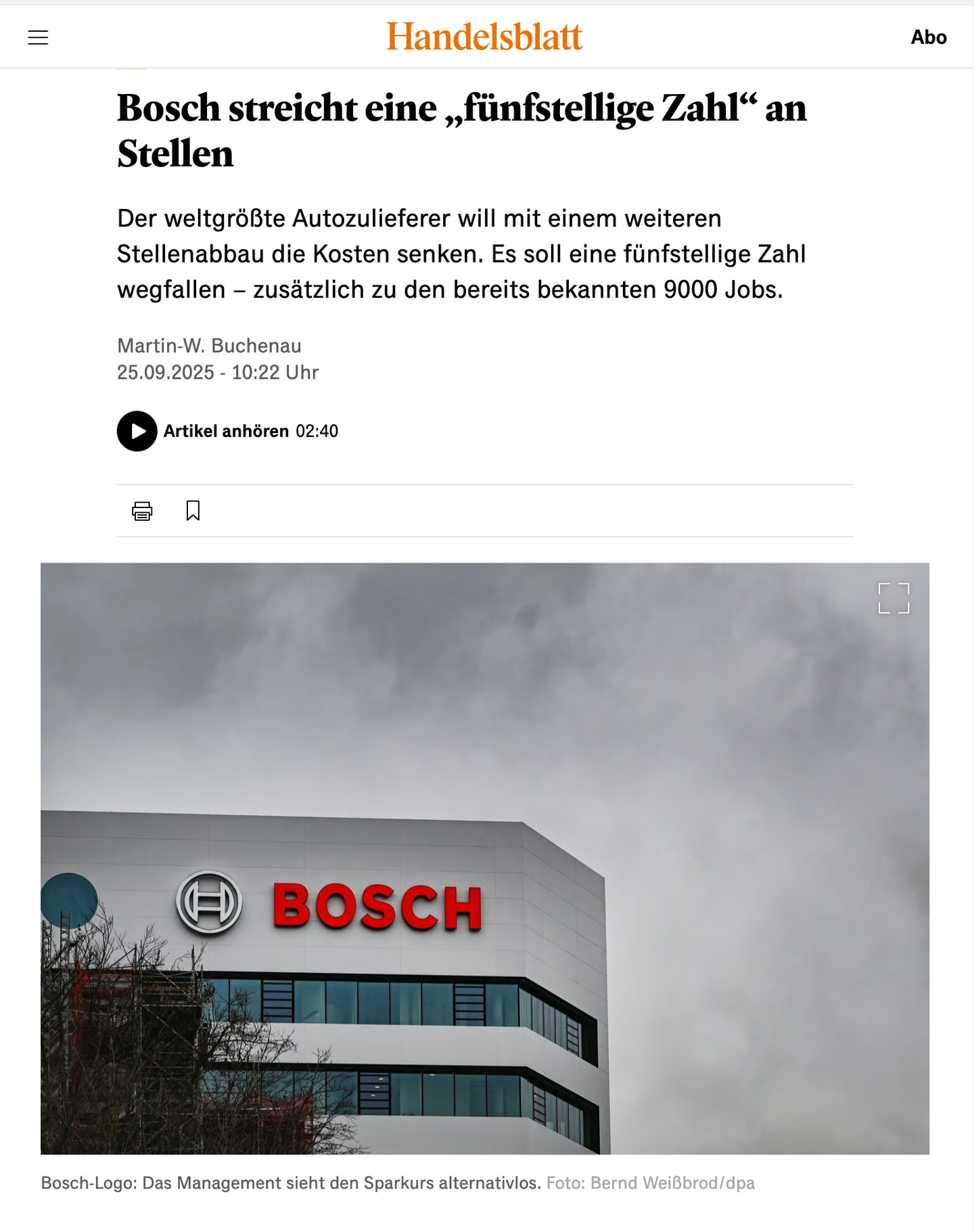 博世计划大规模裁员：规模或达数万人，为省钱“别无选择”