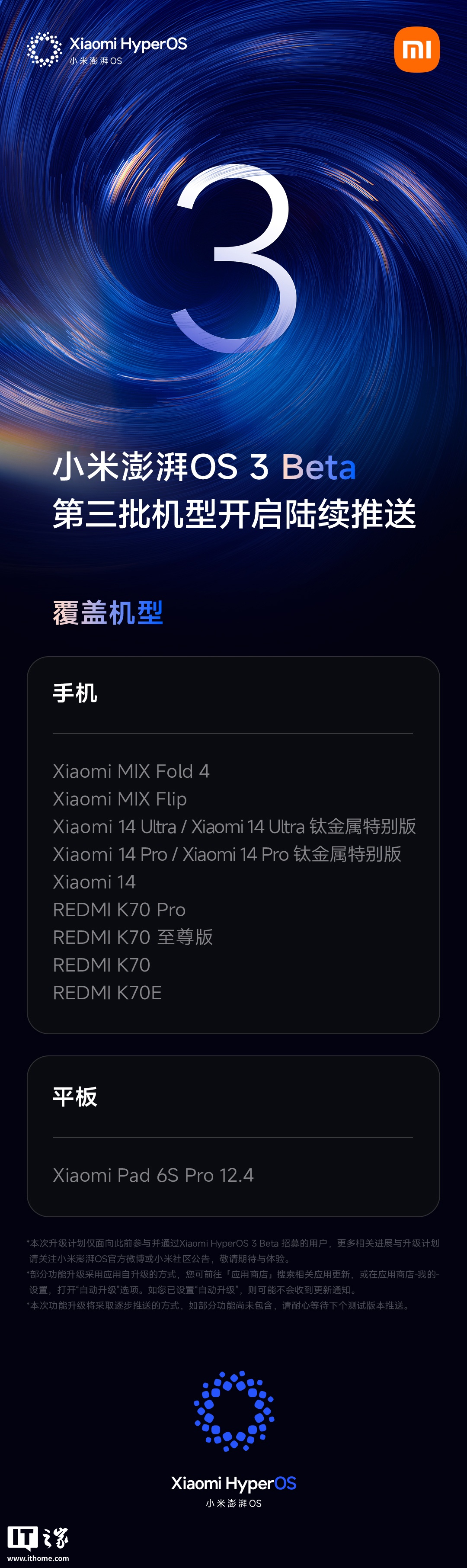 澎湃 OS 3 Beta 版即日起开启新一批推送：小米 14 系列、REDMI K70 系列等