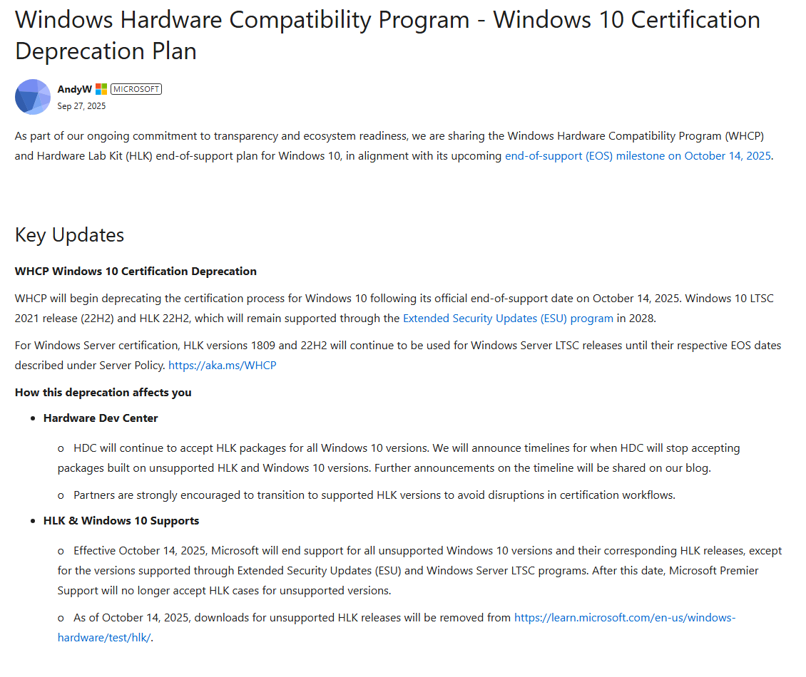 微软公布 Win10 WHCP 与 HLK 废止计划，建议厂商迁移至受支持版本