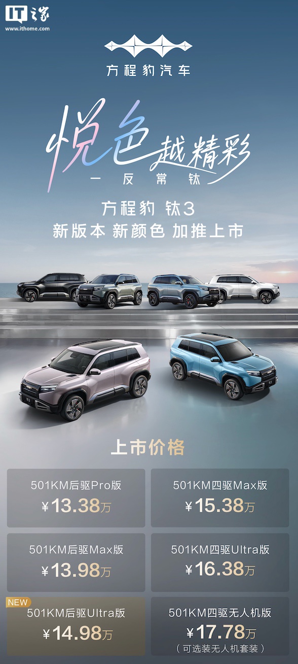 14.98 万元起比亚迪方程豹钛 3 后驱 Ultra 版上市，同时全系车型新增“微光粉”“冰晶蓝”车漆可选