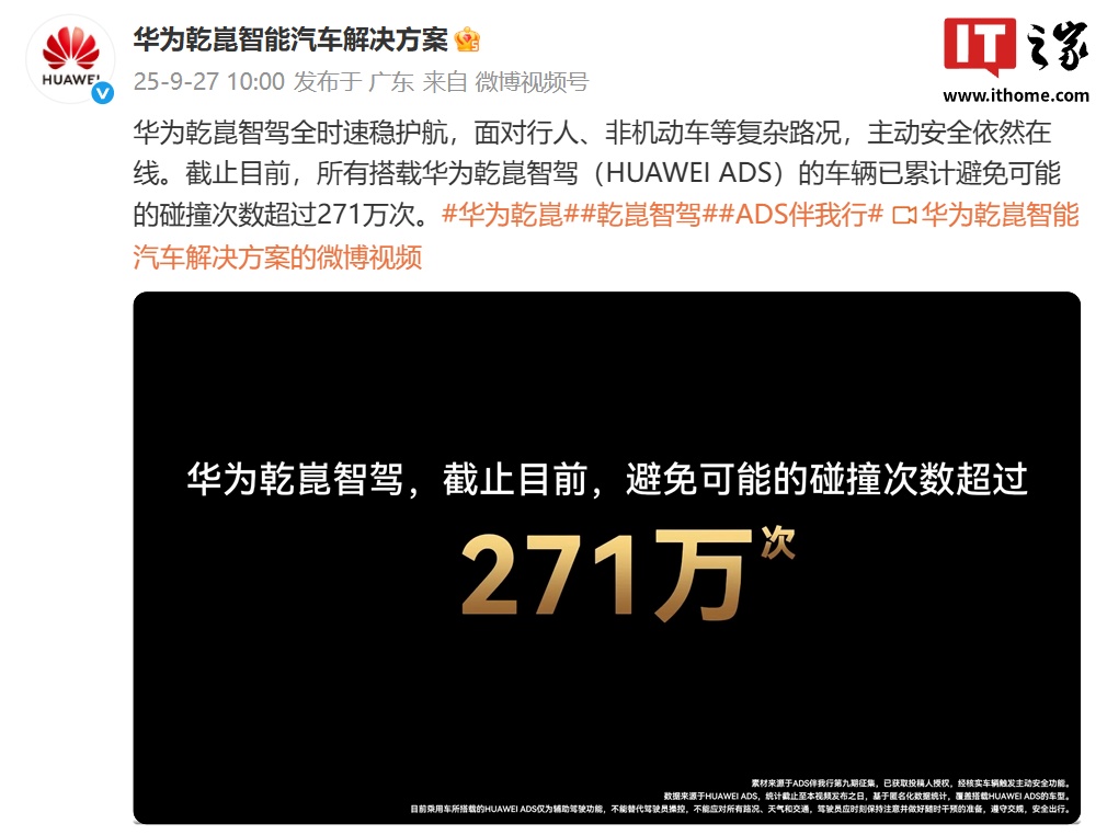 所有搭载华为乾崑智驾（HUAWEI ADS）车辆已累计避免可能的碰撞次数超过 271 万次