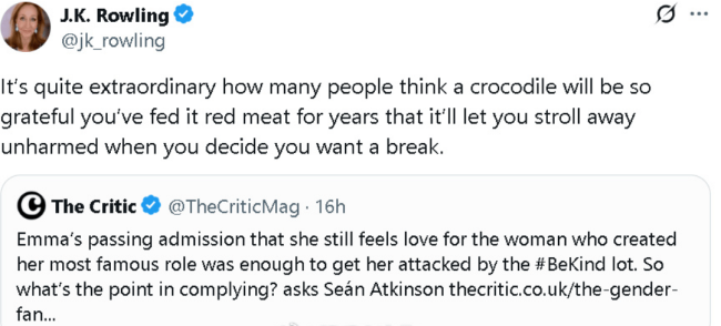 罗琳拒绝与艾玛沃特森和解 借鳄鱼隐喻没感激之心