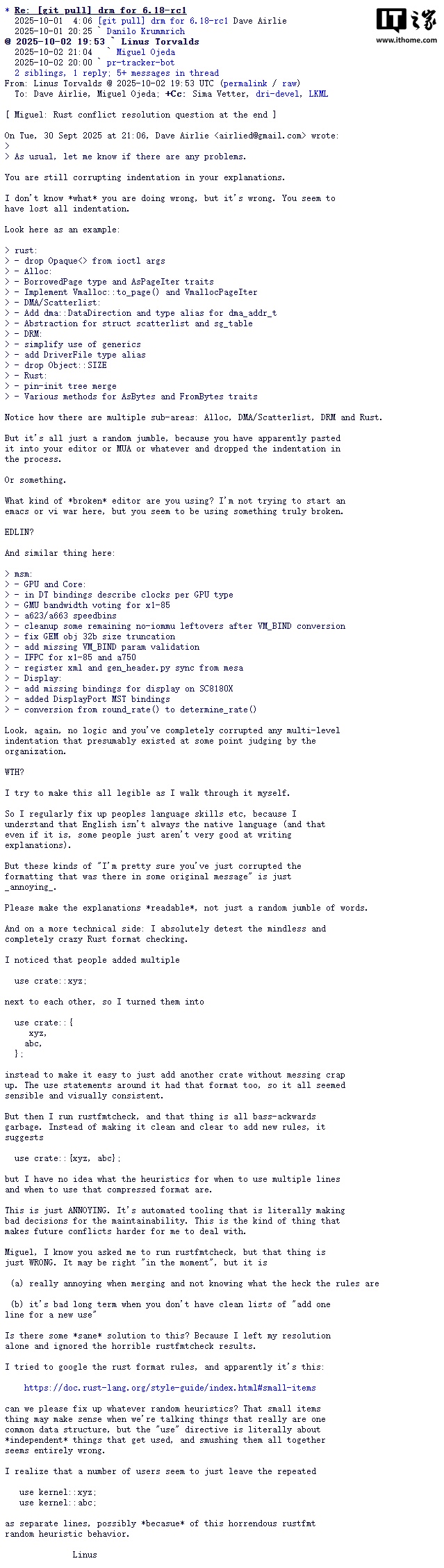 Linux 创始人 Linus Torvalds 怒斥 Rust 代码排版混乱，强烈反对 RISC-V Big Endian 计划