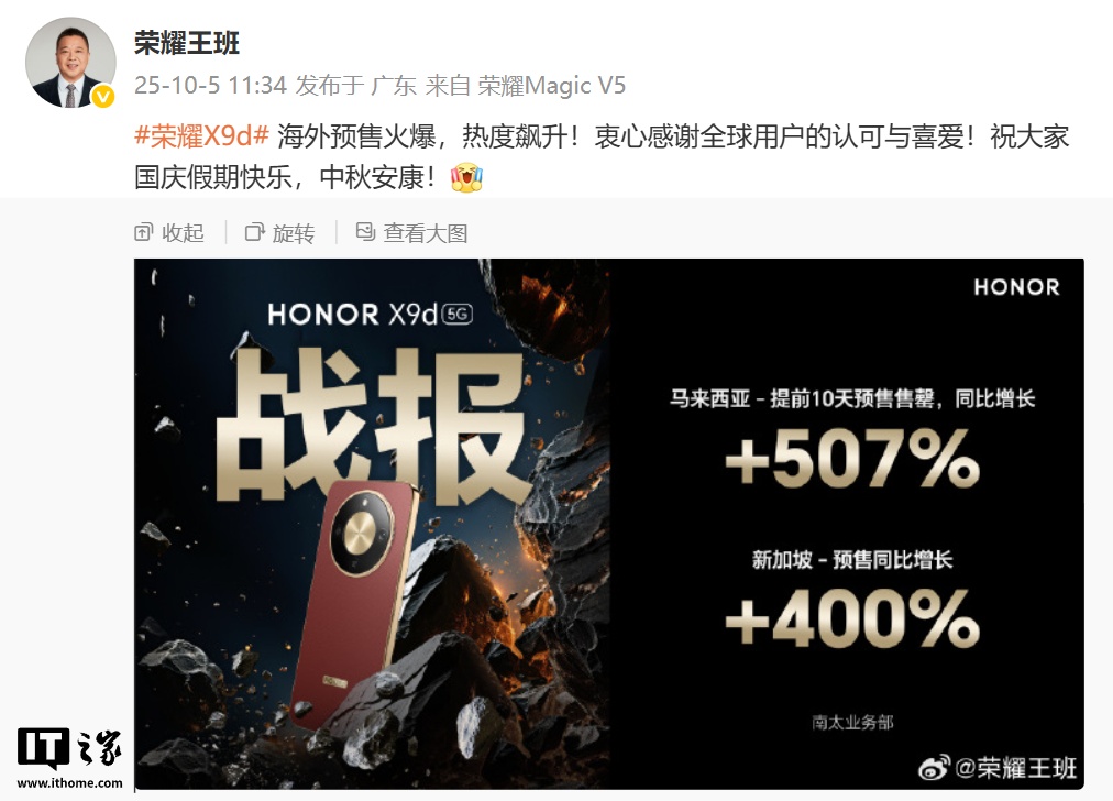 荣耀 X9d 手机海外预售成绩公布：马来西亚市场同比增长 507%、新加坡同比增长 400%