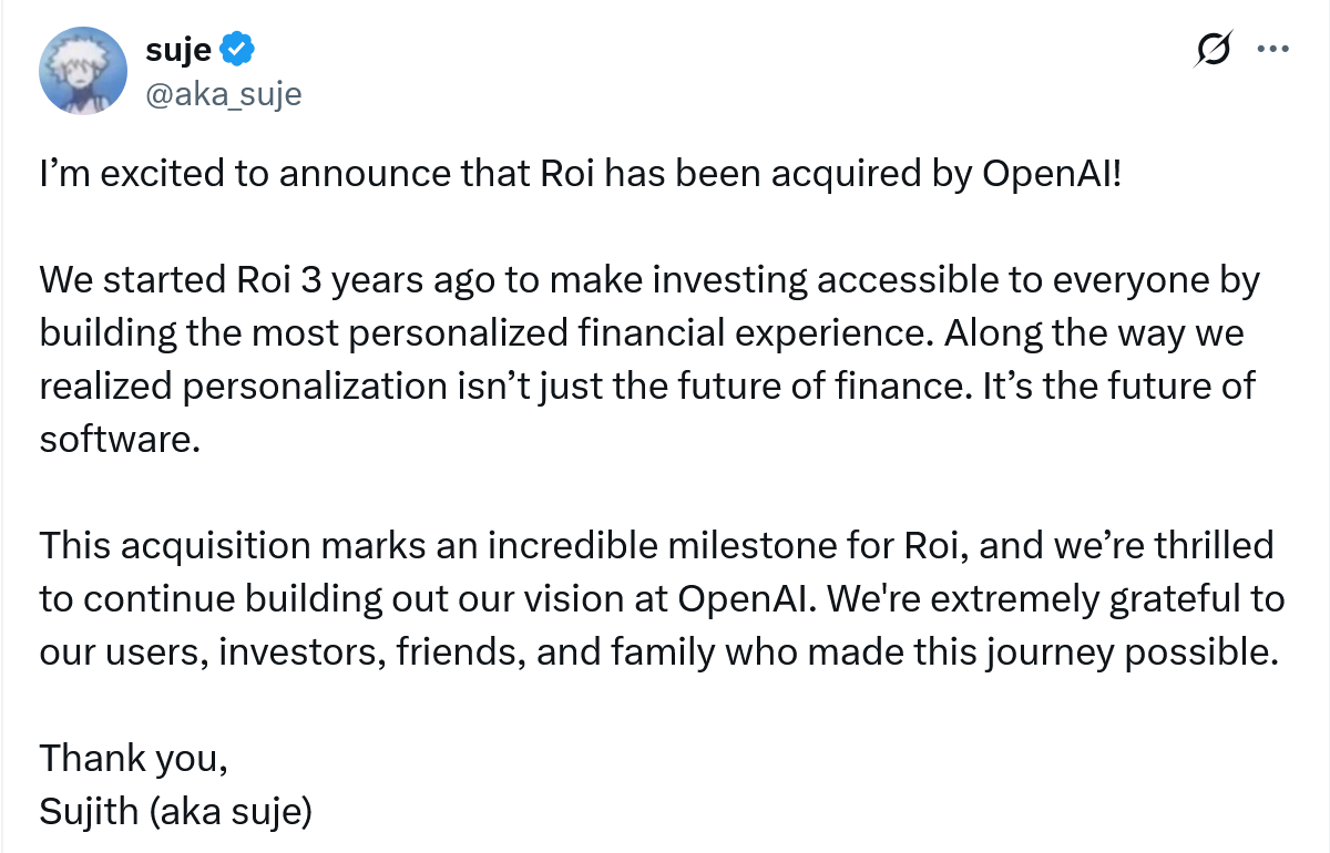 OpenAI 收购个性化金融投资企业 Roi，强化消费者 AI 业务
