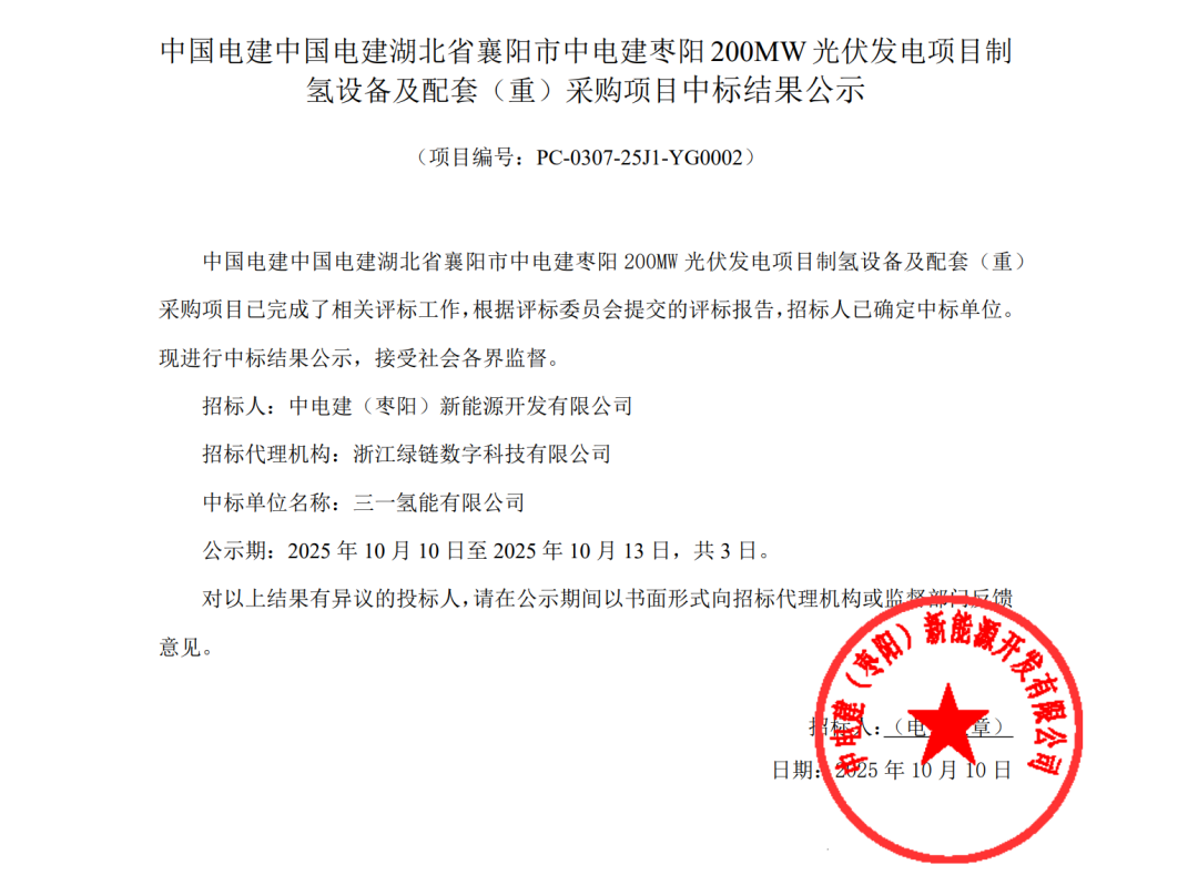 中电建枣阳200MW光伏发电项目制氢设备中标结果公示