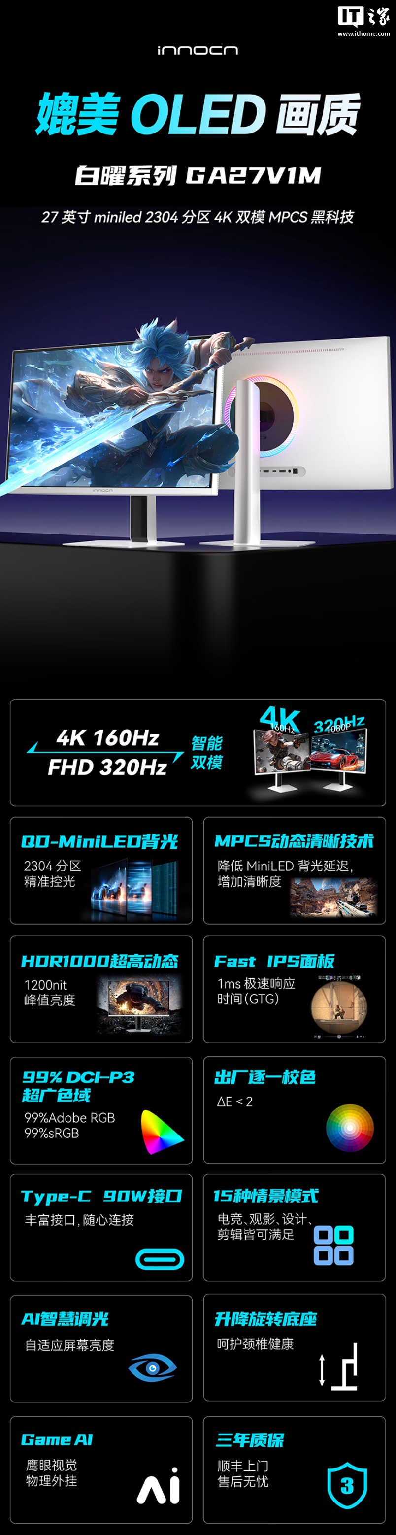 联合创新推出 27 英寸显示器“GA27V1M”：4K 160Hz / FHD 320Hz + 双扬 + 光线传感器，2599 元