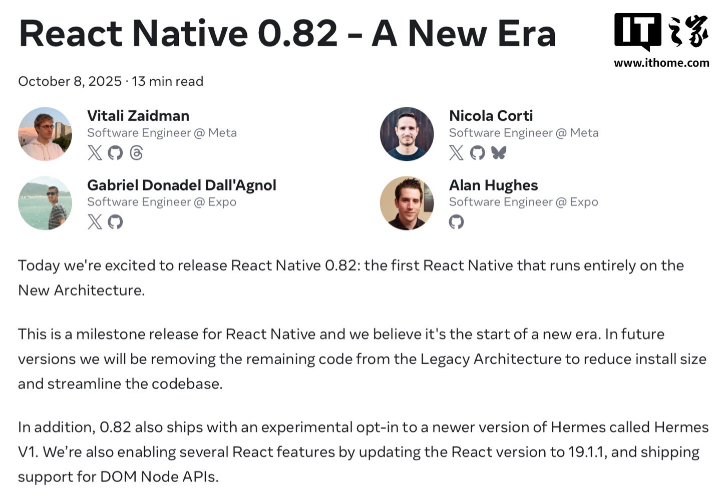 跨平台应用开发框架 React Native 0.82 全面启用新架构，新版编译器 Hermes V1 登场