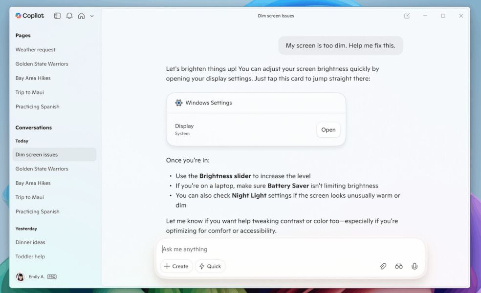 Win11 版微软 Copilot 解锁“听懂人话”：理解用户诉求，直达系统设置
