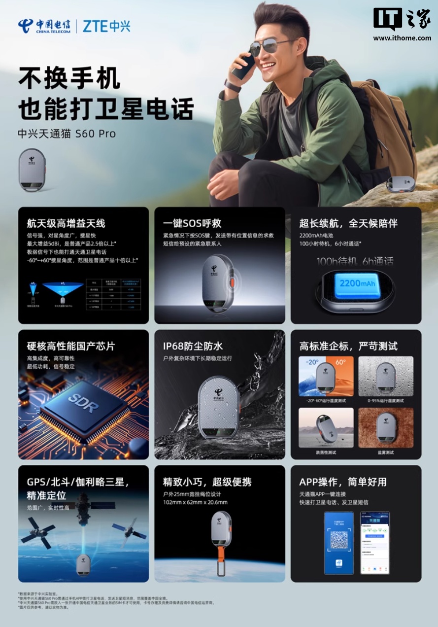普通手机变身天通卫星通话终端：中兴天通猫 S60 Pro 开售，券后价 1249 元