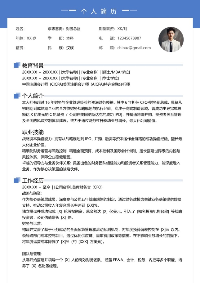 财务总监CFO个人简历模板