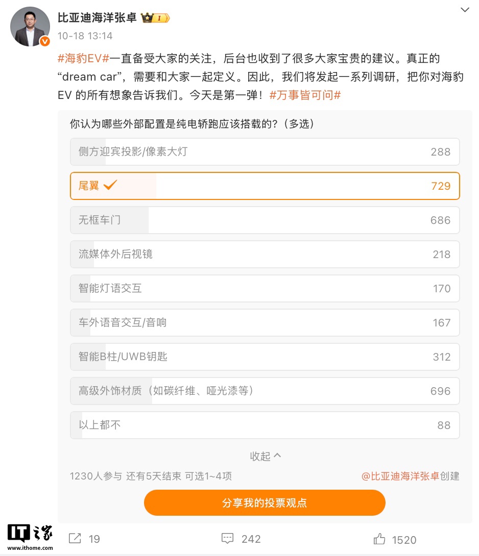 比亚迪海豹 EV 开启外部配置用户调研，暗示系列车型有望迎设计改款