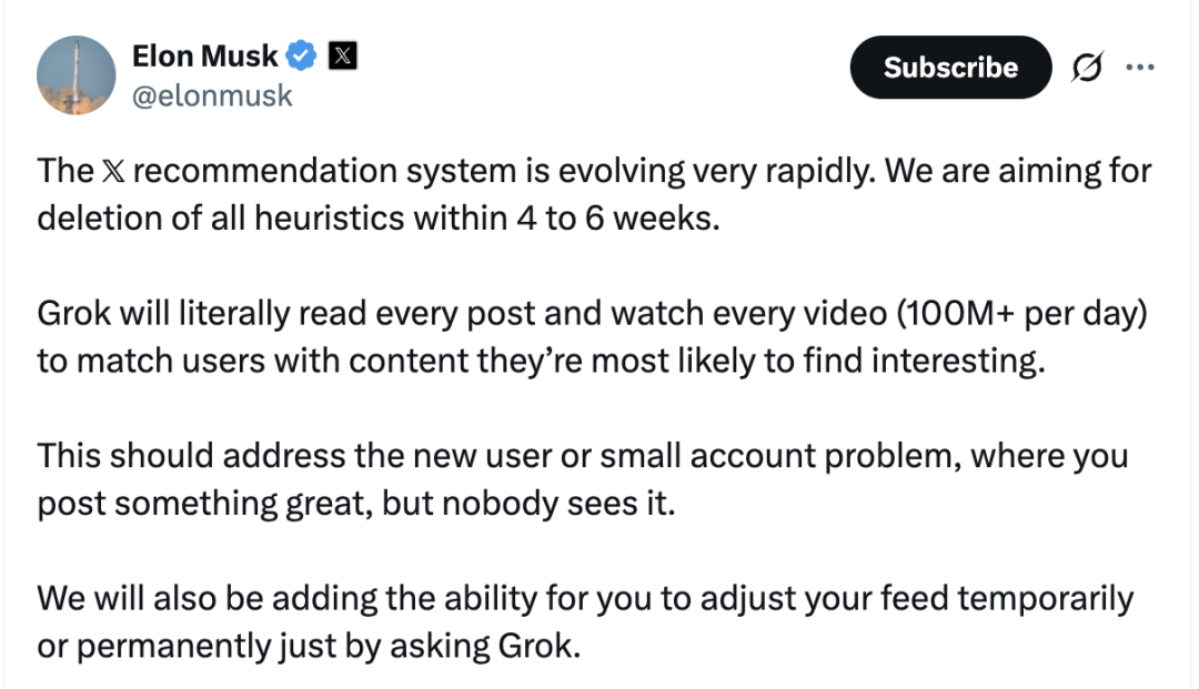 马斯克要让 Grok 全面接管 X，彻底剔除人类规则推荐算法