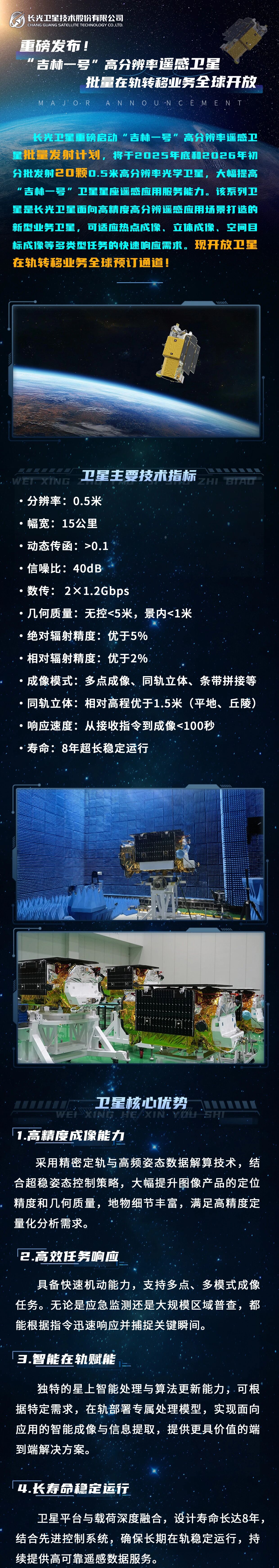“吉林一号”高分辨率遥感卫星批量在轨转移业务全球开放，将发射 20 颗 0.5 米分辨率遥感卫星
