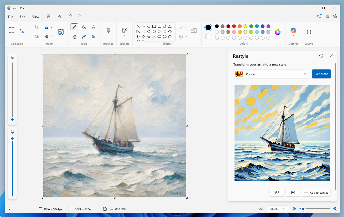 微软 Win11 画图 11.2509.441.0 新增 Restyle：AI 转换图片至水彩 / 素描等风格