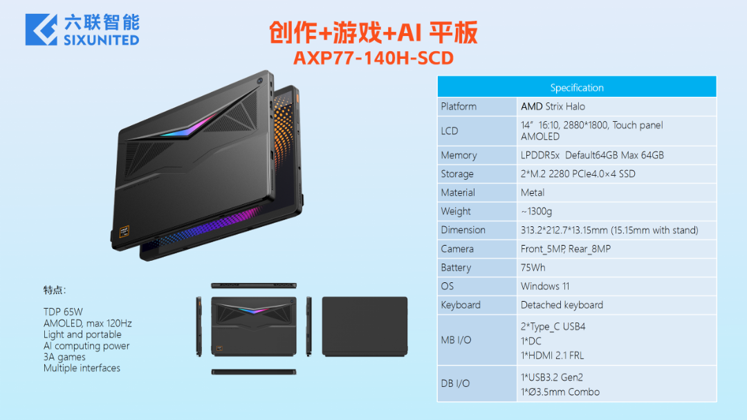 少见 "Strix Halo" 平板电脑，六联智能展示 AXP77-140H-SCD 方案