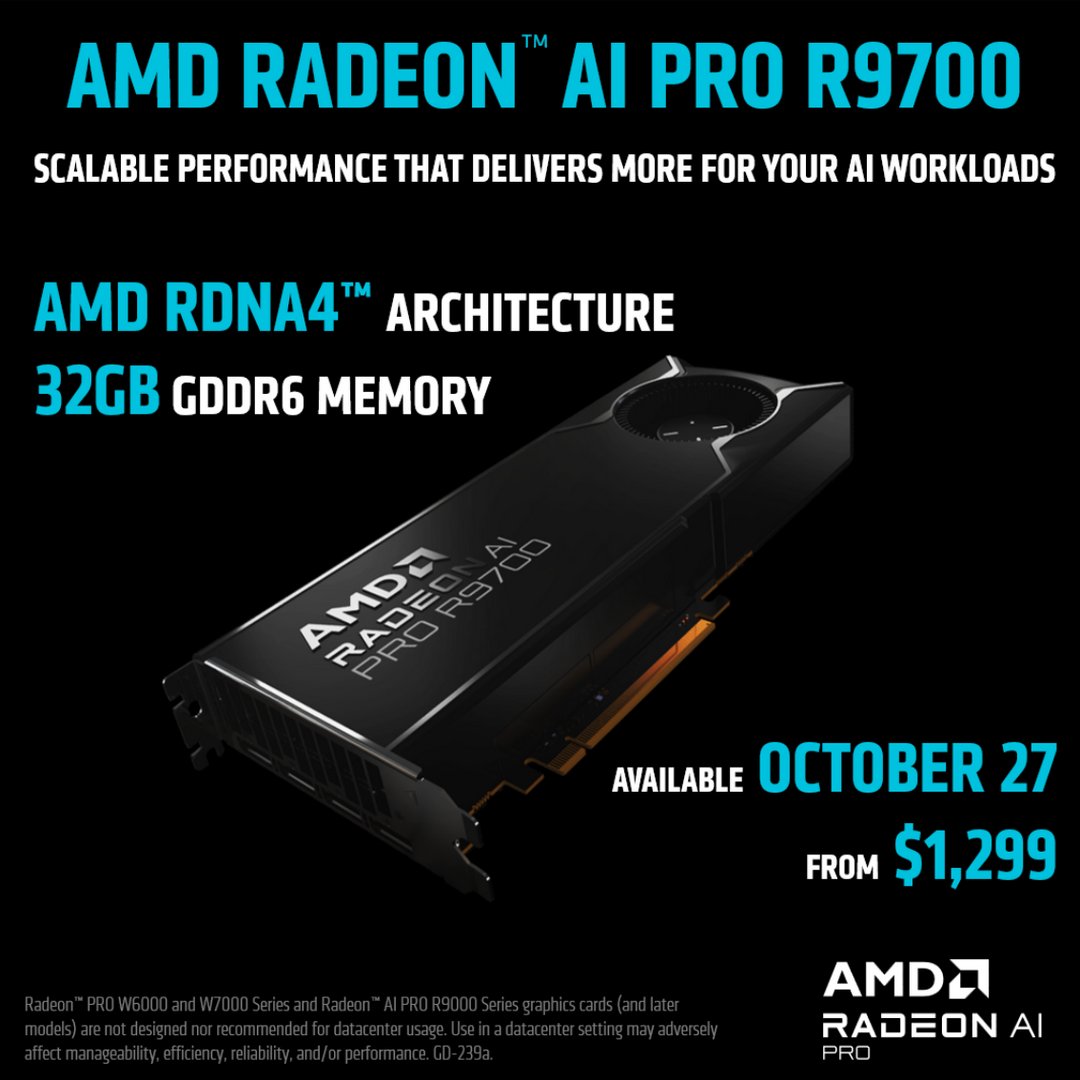 AMD 确认 Radeon AI PRO R9700 32GB 显卡 10 月 27 日零售上市，1299 美元起
