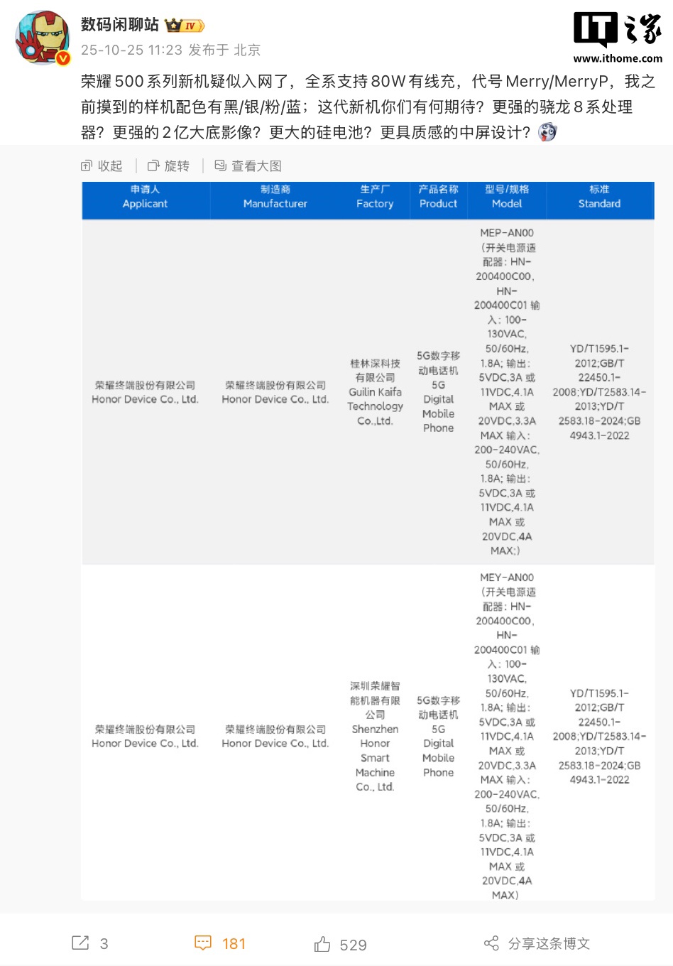 消息称荣耀 500 系列新机完成入网,全系支持 80W 有线充