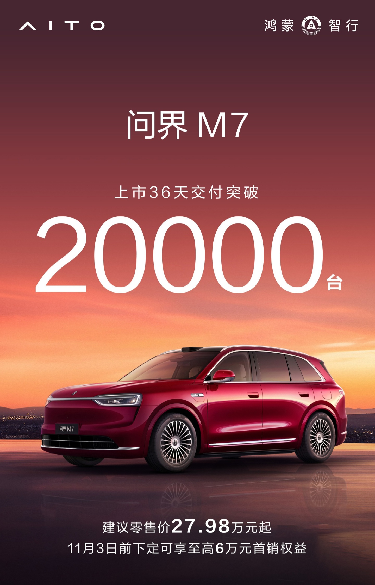 上市 36 天，鸿蒙智行全新问界 M7 交付突破 20000 台