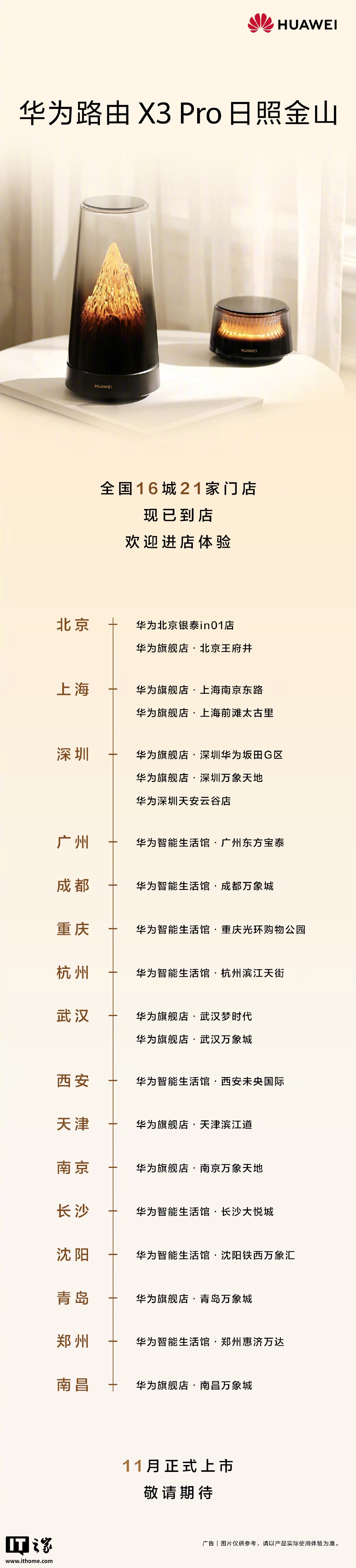 华为路由 X3 Pro 下月上市，展示机已进驻全国 16 城 21 家门店