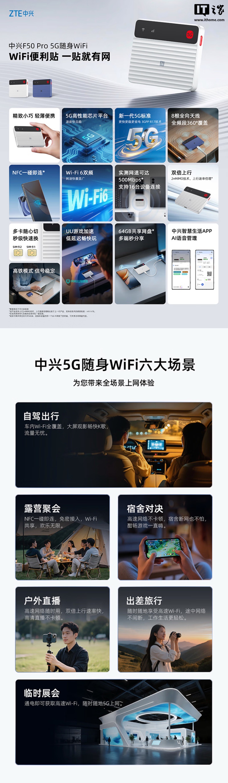 中兴推出 F50 Pro 随身 Wi-Fi:5G / 双网一键切换、支持 Wi-Fi 6,399 元