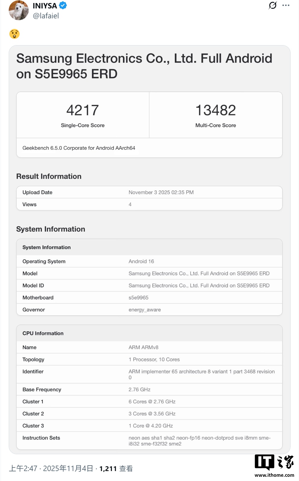 全球首款 2nm 手机芯片：三星 Exynos 2600 跑分再曝，单核性能媲美苹果 M5