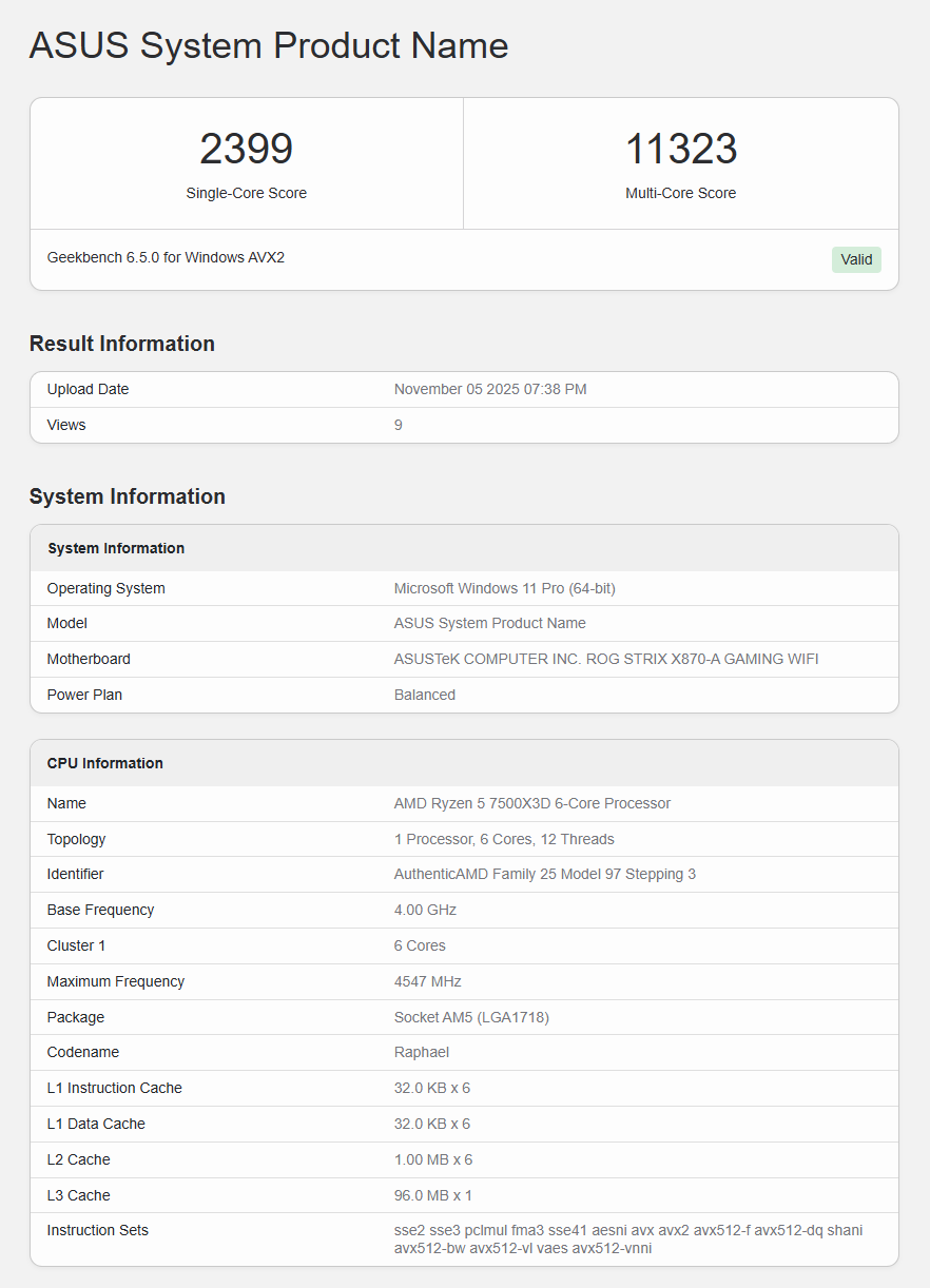 AMD 7500X3D 处理器性能首曝，96MB L3 缓存、比 7600X3D 慢约 8%
